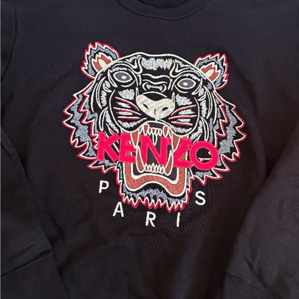 Kenzo Black Crewneck with Multicolor Embroidered Tiger Logo